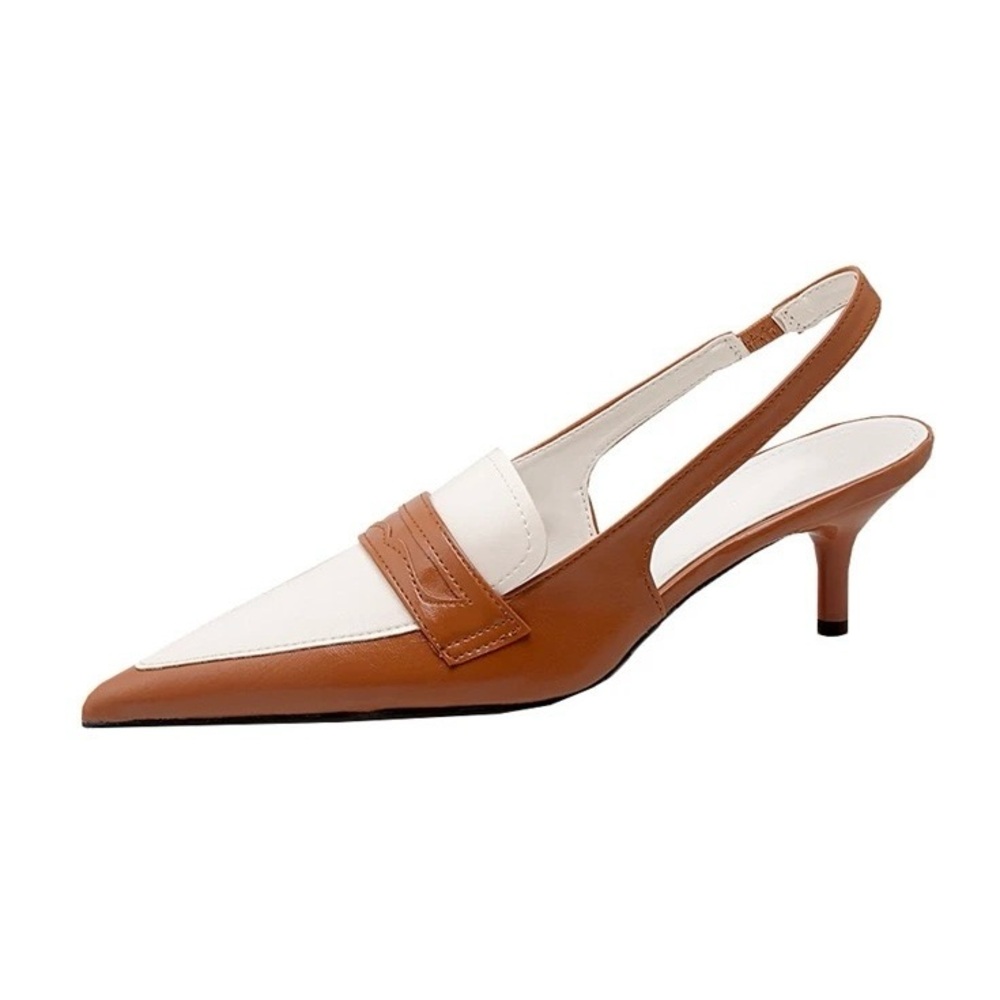 PU Leather Two-toned Slingback Kitten Heels - Brown/White